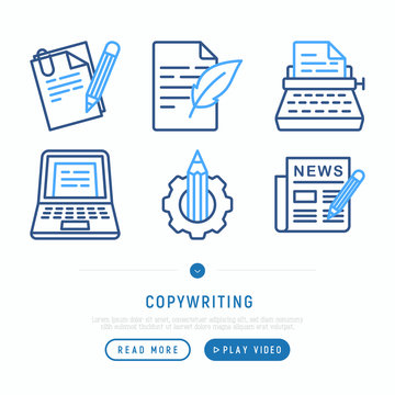 Copywriting thin line icons set: document with feather, typewriter, letter, e-mail, blogging, article with pen. Modern vector illustration, web page template.