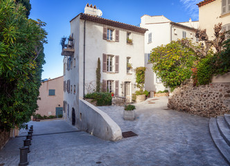 Details of French Provencal architecture, narrow streets in Saint Tropez, France, Cote d'Azur, Provence