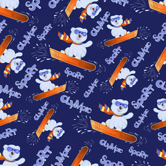 Sport. White bear cub on a snowboard. Seamless pattern. Olympic sport. Colorful background image with cute teddy bears by snowboarders. Design for textiles, sports equipment packages.