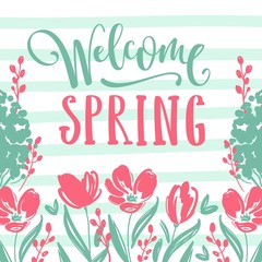 Obraz premium Spring greeting card with lettering and hand drawn flowers.