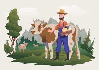 Naklejka premium A cow farmer in a meadow, Alpine landscape. Vector isolated illustration for packaging of milk or dairy products.