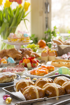 Table with delicatessen ready for Easter brunch