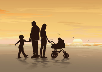 Obraz na płótnie Canvas Silhouettes of a happy family with their kids on the beach - Vector illustration 