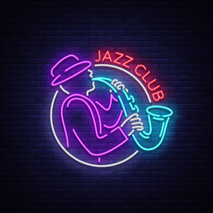 Jazz Club Neon Vector. Neon sign, Logo, Brilliant Banner, Bright Night Advertising for your projects on Jazz Music. Live music