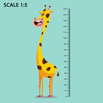 Kids meter wall with a cute smiling cartoon giraffe and measuring ruler. Vector illustration of an animal isolated on a blue background.