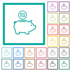 Israeli new Shekel piggy bank flat color icons with quadrant frames