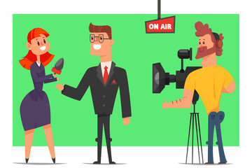 Journalist with a microphone take interviews a businessman in studio. Vector cartoon flat characters of a man, woman and operator with tv camera on a green chroma key background.