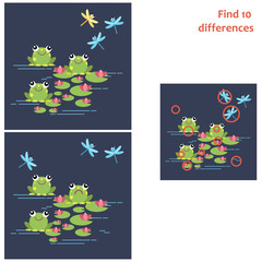 Frog with lily and dragonfly. Find 10 differences. Educational game for children. Cartoon vector illustration