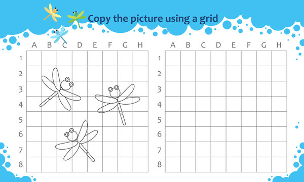 Copy the picture using a grid. Educational game for children. How to draw cute cartoon dragonfly