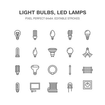 Light bulbs flat line icons. Led lamps types, fluorescent, filament, halogen, diode and other illumination. Thin linear signs for idea concept, electric shop. Pixel perfect 64x64.