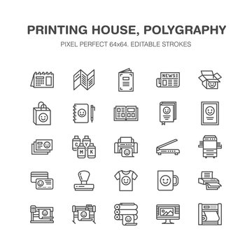 Printing house flat line icons. Print shop equipment - printer, scanner, offset machine, plotter, brochure, rubber stamp. Thin linear signs for polygraphy office, typography. Pixel perfect 64x64.