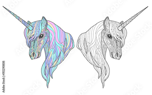 Unicorn Tales Animal Page For Adult Coloring Book With Sample Color And Monochrome Doodle