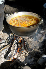 Traditional pilaf cooked on a fire, the national Kazakh cuisine