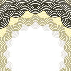 Round Wreath composition frame for your text. fish scales simple Nature background with japanese wave circle pattern, Grey black Beige brown card banner design on white background. Vector