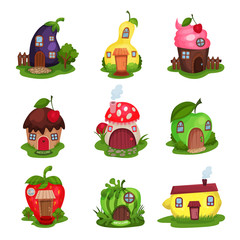 Set of fantasy houses in form of eggplant, pear, cupcake, mushroom, apple, strawberry, watermelon and lemon. Colorful flat vector illustration