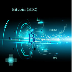 Bitcoin symbol and price chart. Cryptocurrency concept. Futuristic vector blue design
