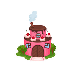 Cute pink house in form of two-tiered cake with wooden door and windows. Cream and cherries on chocolate roof. Cartoon flat vector design for children's book