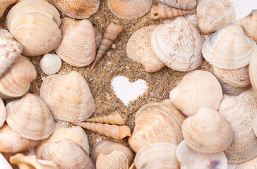 Heart drawn on the sand on the beach among seashells. Vacation, beach.