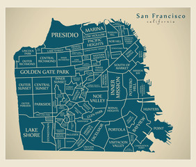 Modern City Map - San Francisco city of the USA with neighbourhoods and titles