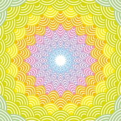 Round Wreath composition rainbow frame. fish scales simple Nature background with japanese wave circle pattern Green yellow orange pink purple blue colors card banner design. Vector