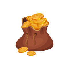 Small brown bag full of golden coins. Concept of finance. Pirate treasures. Symbol of wealth. Cartoon vector icon in flat style