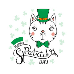 Hand drawn vector portrait of a cute funny cat in a leprechaun top hat, with text Happy Saint Patrick's day. Isolated objects on white. Vector illustration. Design concept for children, celebration.