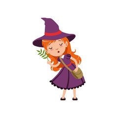 Cute small red-haired girl witch in purple dress, hat, with cross body bag. Smiling kid character in costume studying herbs. Vector flat cartoon illustration on white