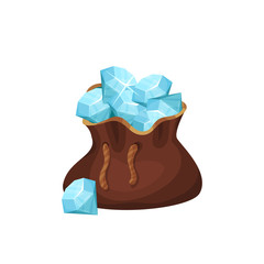 Large brown bag full of precious stones. Blue shiny diamonds. Valuable gemstones. Design element for jewelry shop flyer or mobile game. Colorful flat vector icon