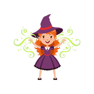 Red-haired girl witch wearing purple dress and hat. Kid character in costume surrounded with black silhouettes of skulls. Trick or Treat concept. Vector flat cartoon illustration.