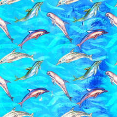 Dolphins variety: common bottlenose, Short-beaked, Atlantic Spotted and Risso's,  hand painted watercolor illustration, seamless pattern on bright blue ocean surface with waves background