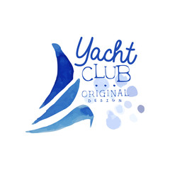 Fototapeta premium Original logo template for yacht club. Abstract blue waves of sailboat. Sea and ocean theme. Bright watercolor painting. Vector design for advertising poster or flyer