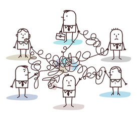 Cartoon Group of Business People Connected by Messy, Lines