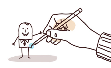 Big Hand Drawing a Cartoon Businessman