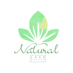 Natural logo template with abstract green leaves. Healthy lifestyle. Design for organic food shop, herbal store or cosmetics packaging. Watercolor vector illustration