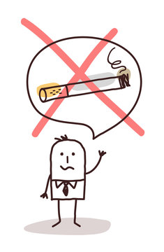 Cartoon Man Thinking about to Stop Cigarette