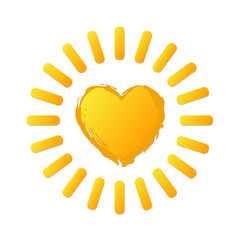 Yellow bright sun icon in heart shape on white. Stock vector illustration