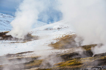 iceland nature, winter travel photo in snow, adventure, trip, hiking, mountains.