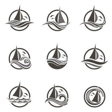 icons collection of sailing yacht and ocean waves with seagulls