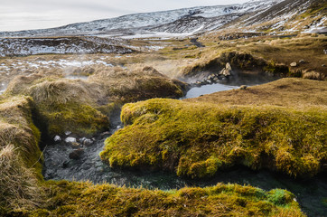 iceland nature, winter travel photo in snow, adventure, trip, hiking, mountains.