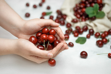 Woman holds ripe cherry berries in her hands.