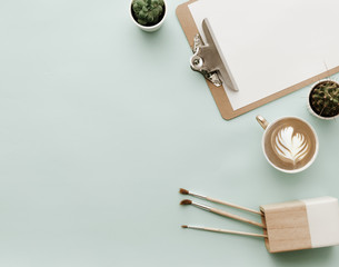 Blogger Pastel Background With Coffee Cup. Flat lay