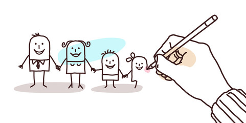 Big Hand Drawing a Cartoon Family