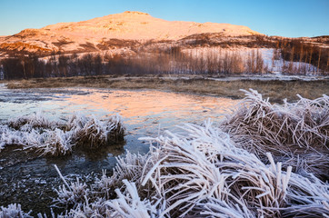 iceland nature, winter travel photo in snow, adventure, trip, hiking, mountains.