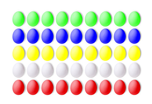 Set of colorful eggs on a white background, laid in a line. isolated