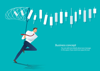 businessman trying to catch candlestick chart business concept