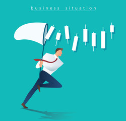 businessman trying to catch candlestick chart business concept