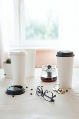 Coffee in paper cups. Business concept. Morning.