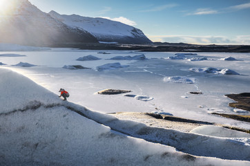 iceland nature, winter travel photo in snow, adventure, trip, hiking, mountains.