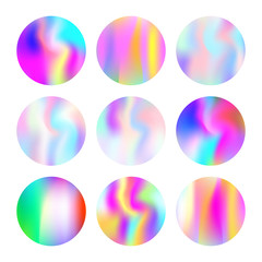 Gradient mesh abstract backgrounds set. Liquid holographic backdrop with gradient mesh. 90s, 80s retro style. Iridescent graphic template for banner, flyer, cover, mobile interface, web app.