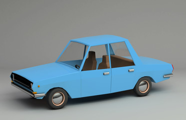 3d funny retro styled blue car. Glossy bright  vehicle on grey background with realistic shadows. Three-quarter view from above.